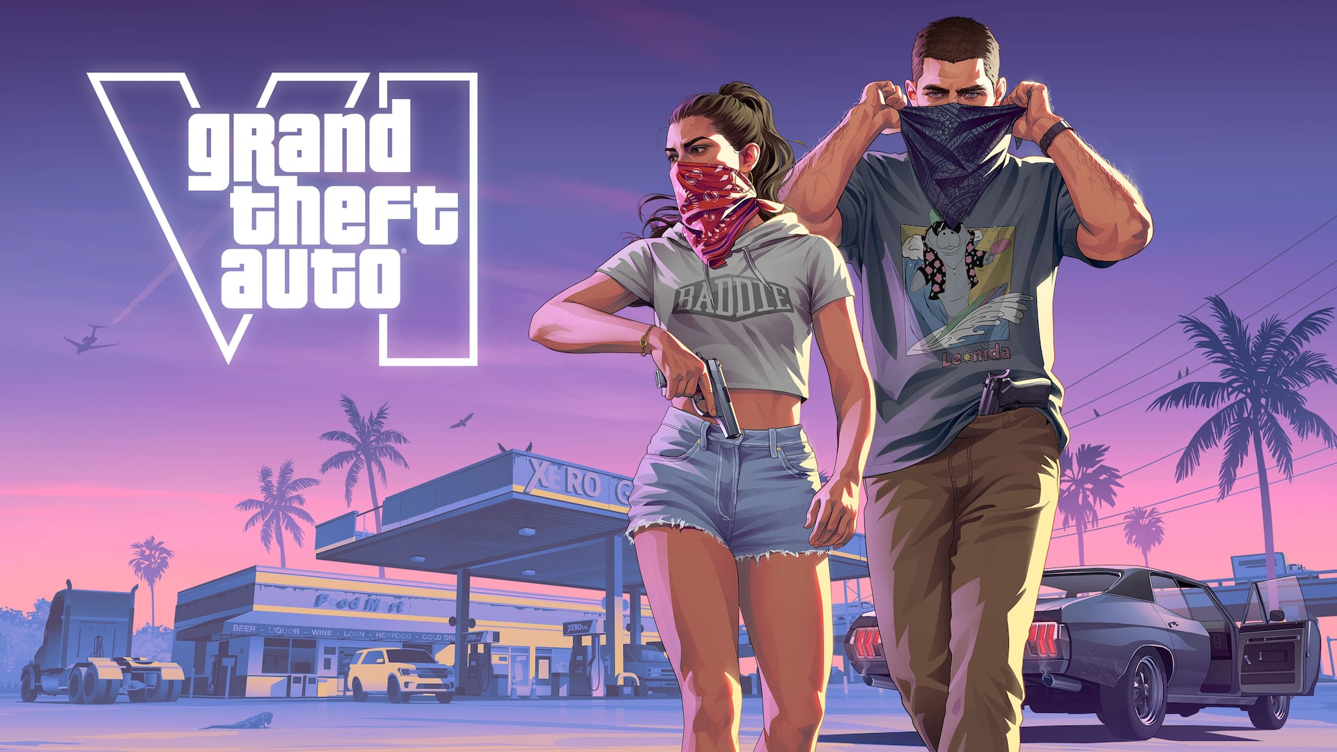 Official Grand Theft Auto VI promotional image featuring Jason Duval and Lucia Caminos